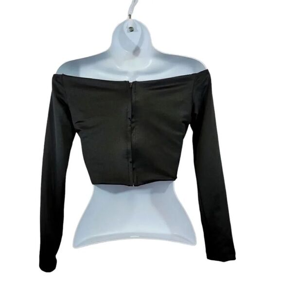 NEW Stretch Satin Bardot Off Shoulder Longsleeve Crop Top in Black Size Small - Picture 4 of 7